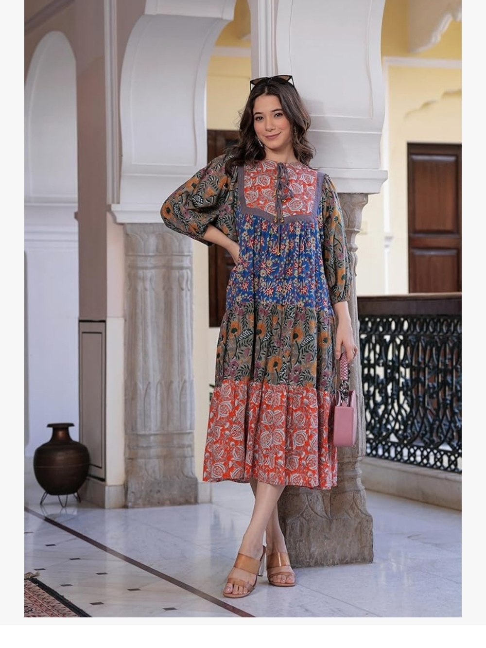 Bohemian Patchwork Midi Dress in Multicolor